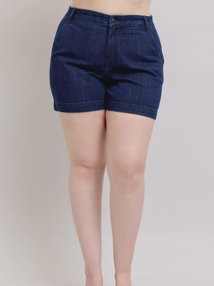 PLUS Judy Blue HW Denim Trouser Shorts Dark Wash