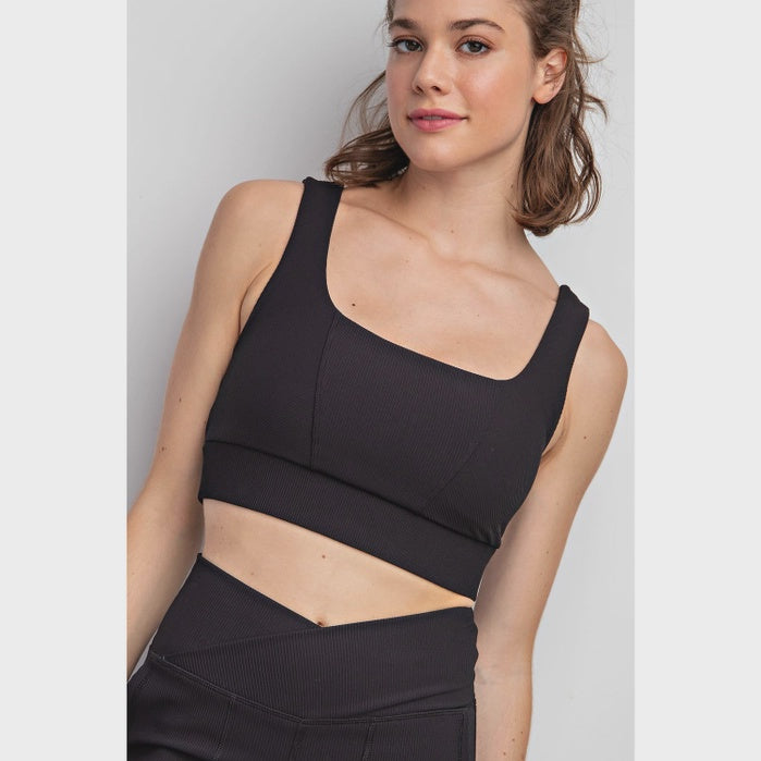 Black Nylon Rib Square Neck Sports Bra Top