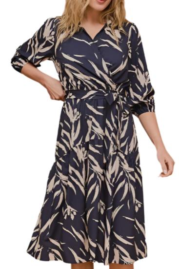 Navy Abstract Print Dress with Tie Waist