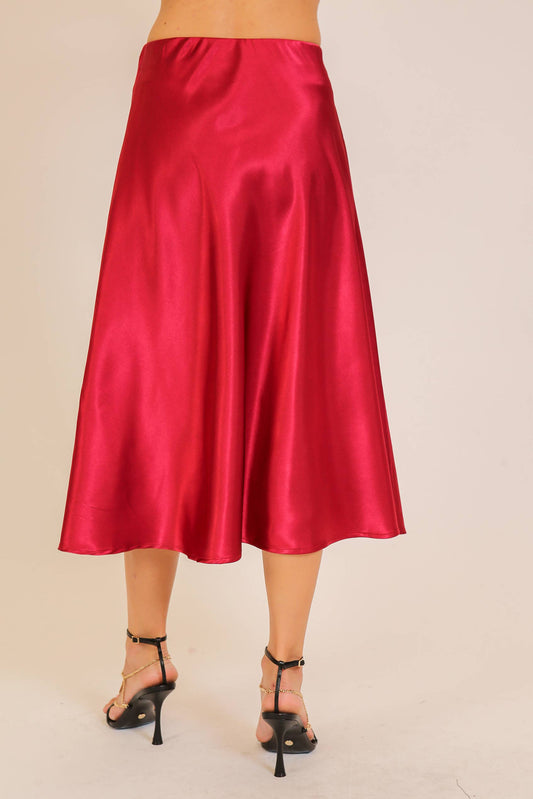 Deep Red Satin Midi Flare Skirt