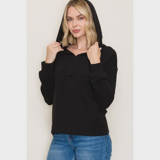 Textured Split Neck Hoodie Pullover – Black