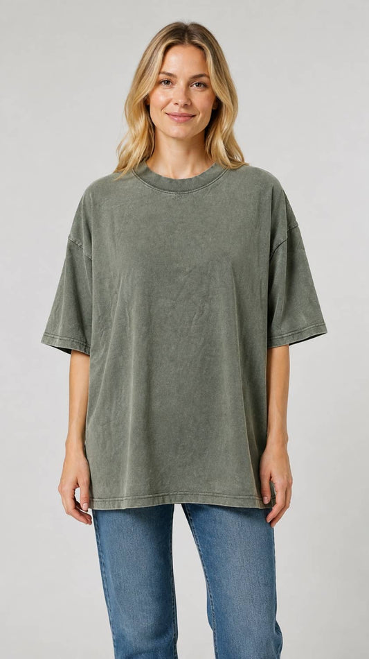 Olive Mineral-Wash Oversized Boyfriend T-Shirt