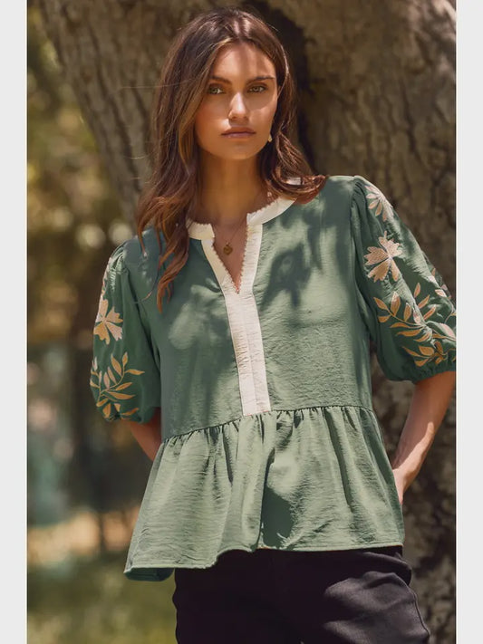 Oddi Puff Sleeve Peplum Blouse [Basil Green] – Fall & Winter Chic Tops for Women