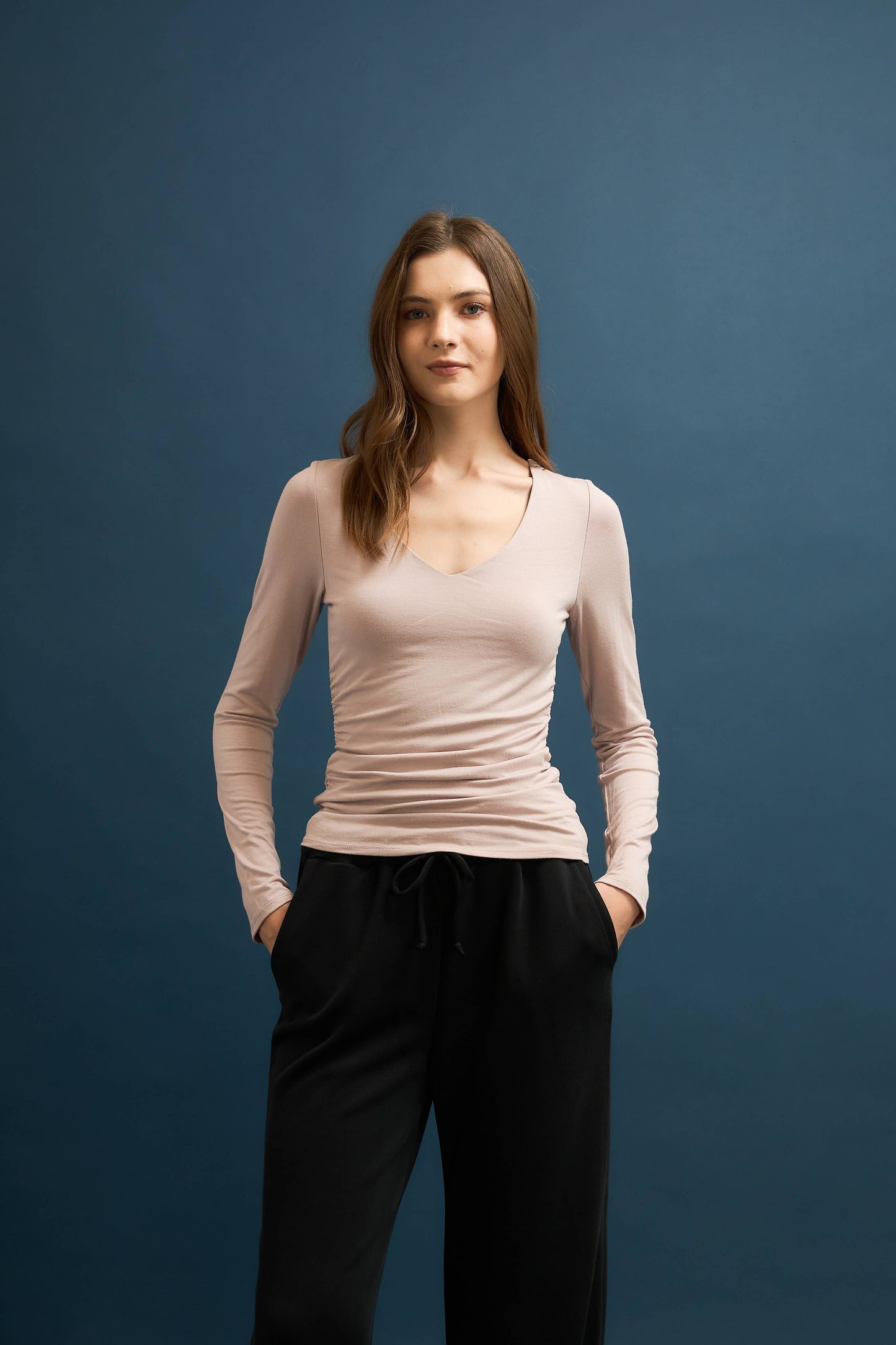 Ivory Double Layered Ruched V-Neck Long Sleeve Top