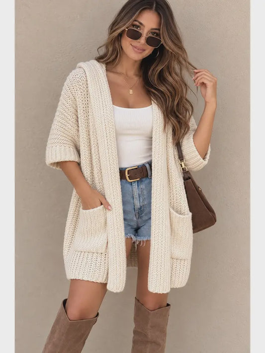 Chunky Knit Hooded Cardigan - Cream