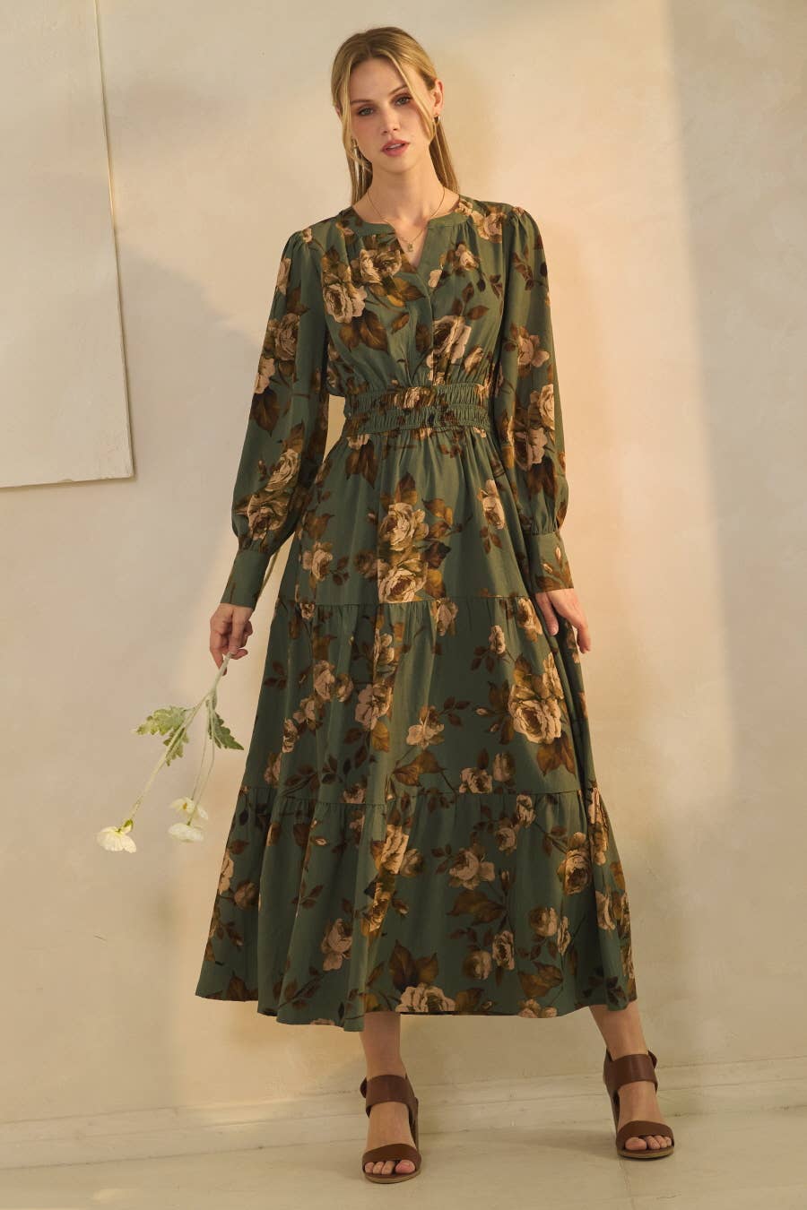 Oddi Deep Sage Floral Tiered Maxi Dress