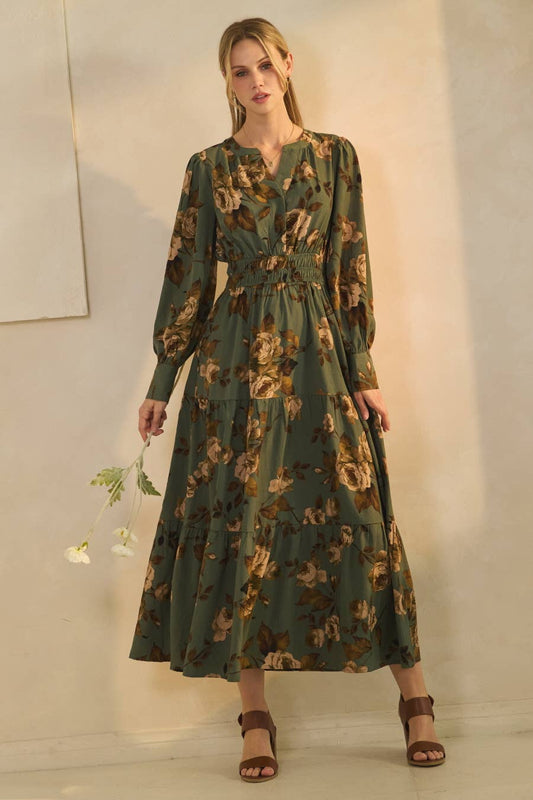 Oddi Deep Sage Floral Tiered Maxi Dress