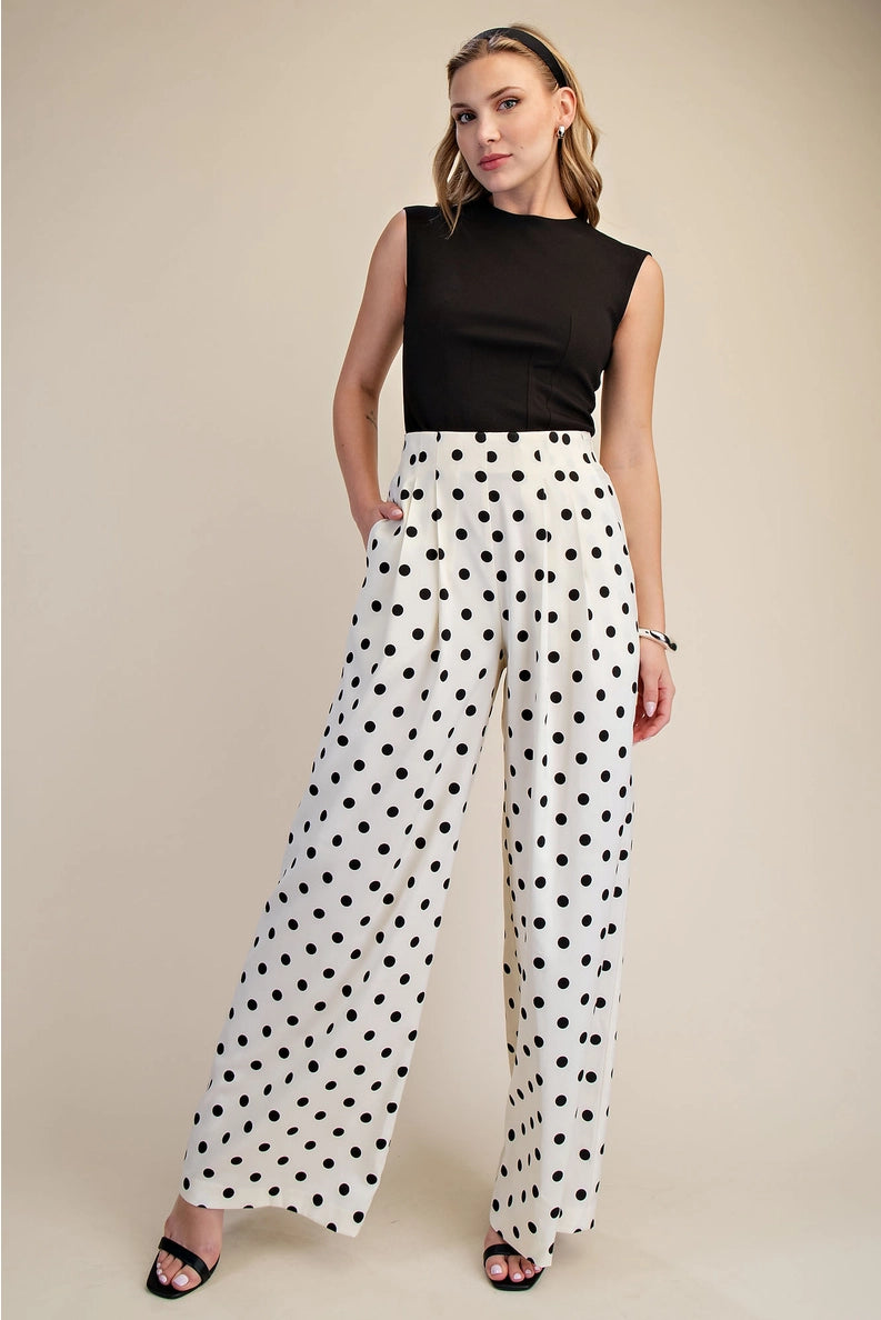 Glam Pleated High-Waisted Wide Leg Polka Dot Pants – Cream & Black