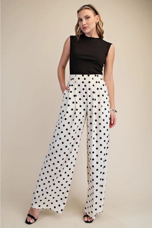 Glam Pleated High-Waisted Wide Leg Polka Dot Pants – Cream & Black