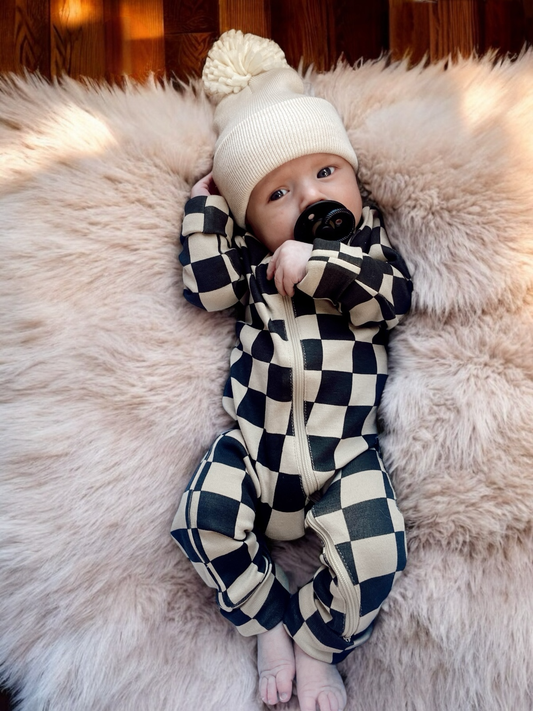 Tiramisu/Black Checkerboard / Organic 2-Way Zip Romper: 18-24M SIIX Collection
