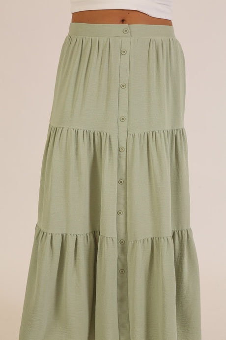 Button Front Tiered Maxi Skirt - Light Sage