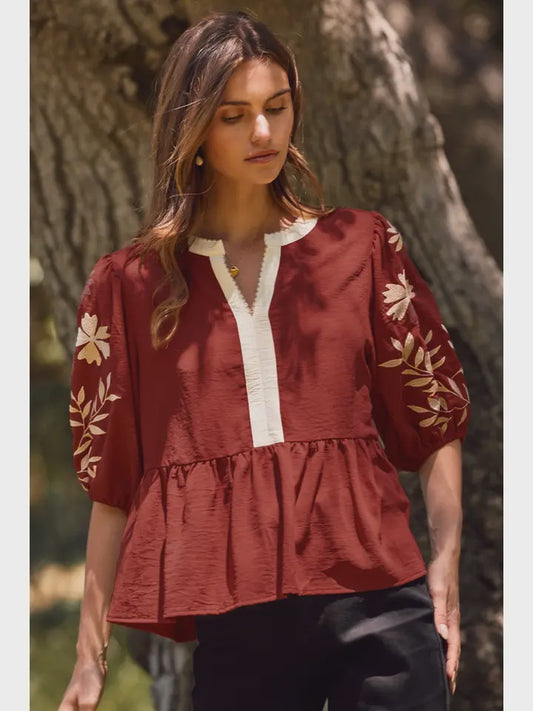 Oddi Puff Sleeve Peplum Blouse [Burgundy] – Fall & Winter Chic Tops for Women