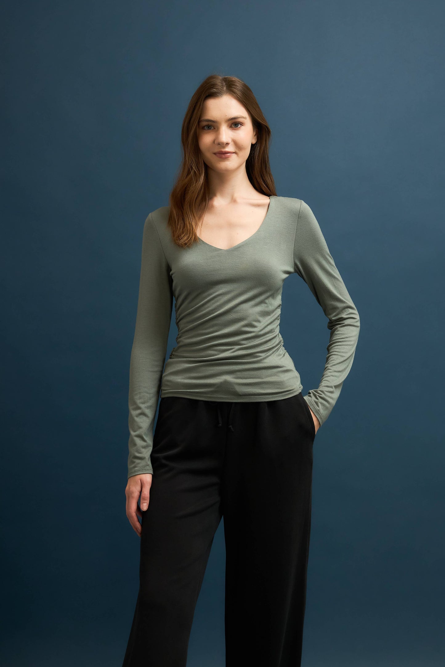 Ivory Double Layered Ruched V-Neck Long Sleeve Top