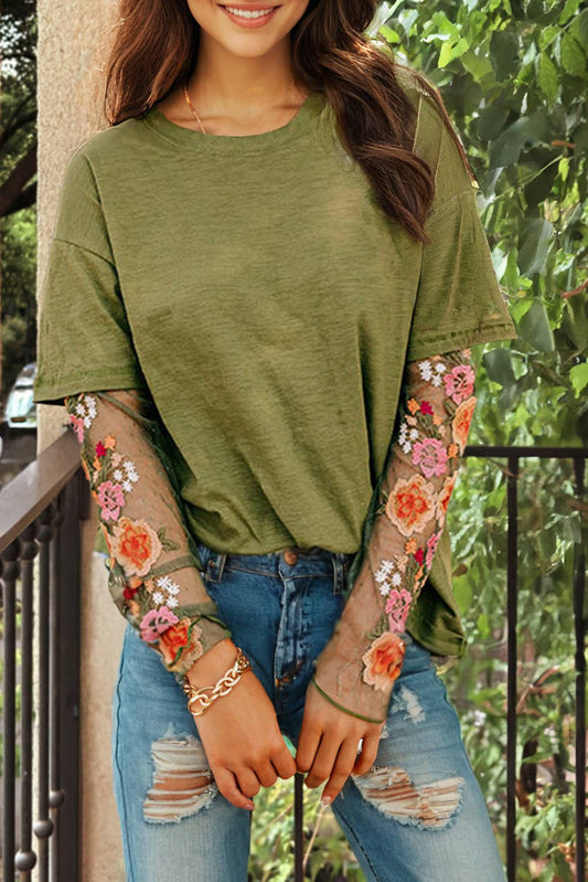 Green Floral Embroidered Mesh Patchwork Sleeve Top