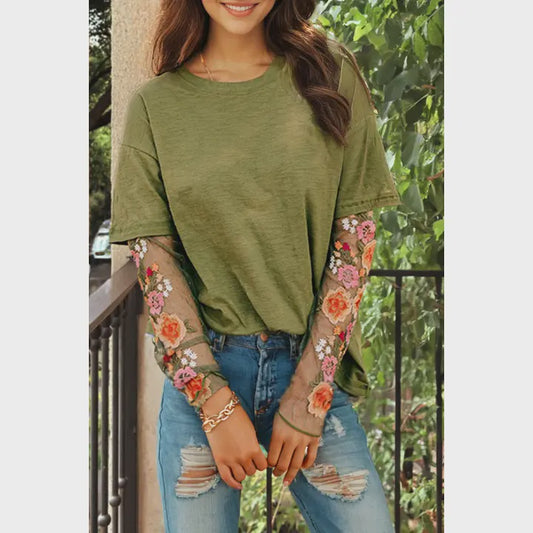 Floral Embroidered Mesh Patchwork Sleeve Crewneck Top