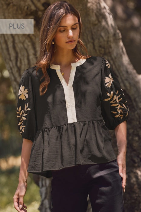 PLUS Oddi Puff Sleeve Peplum Blouse [Black] – Fall & Winter Tops