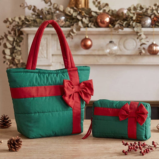 Green & Red Christmas Bow Quilted Bag