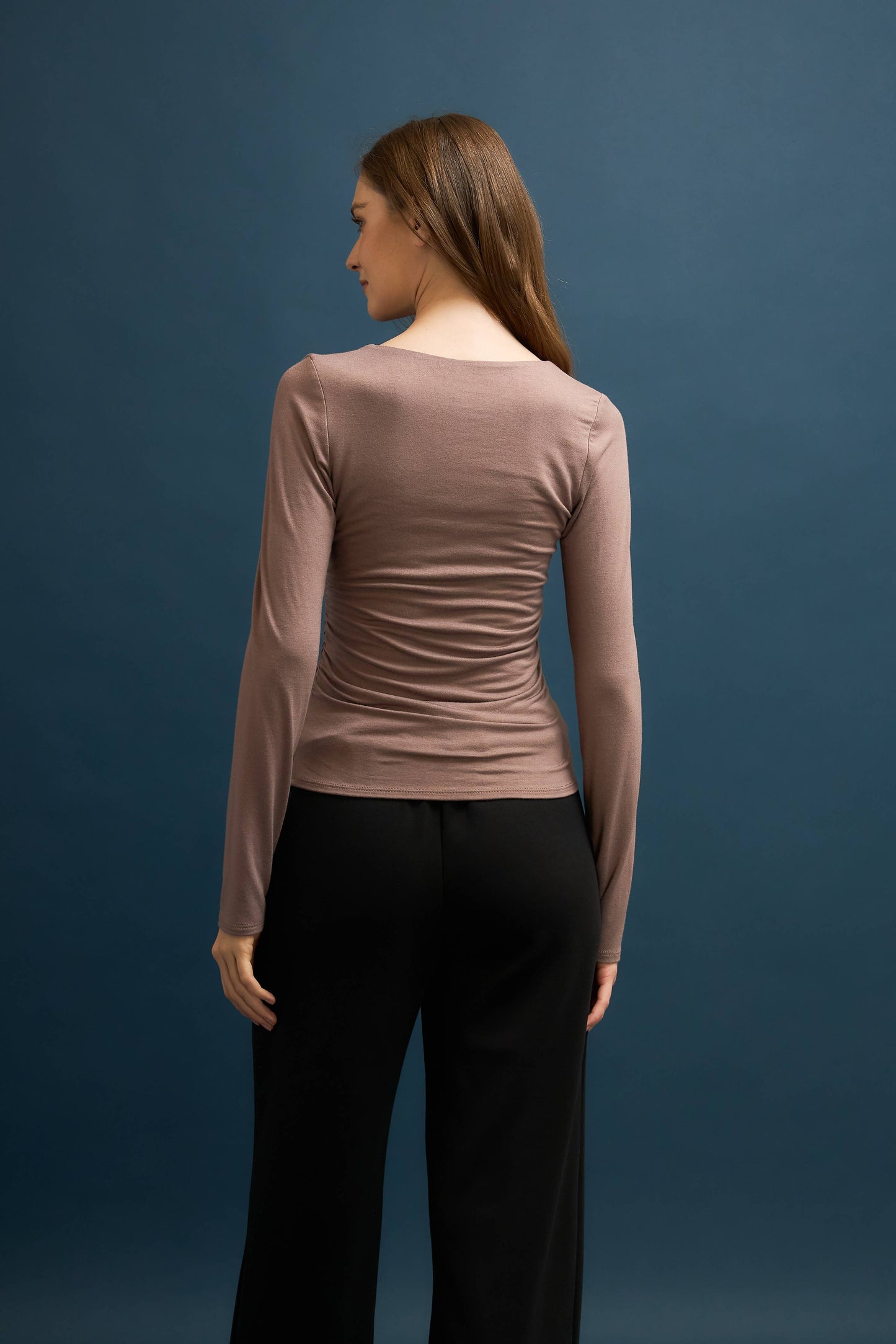 Ivory Double Layered Ruched V-Neck Long Sleeve Top