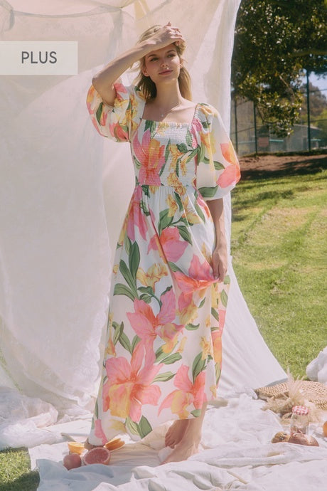 PLUS Oddi Floral Smocked Puff Sleeve Maxi Dress