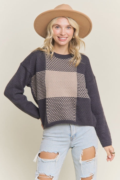 Madelyn Textured Color Block Crew Neck Sweater – Grey & Khaki