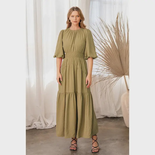 PLUS Dusty Sage Solid Woven Tiered Maxi Dress