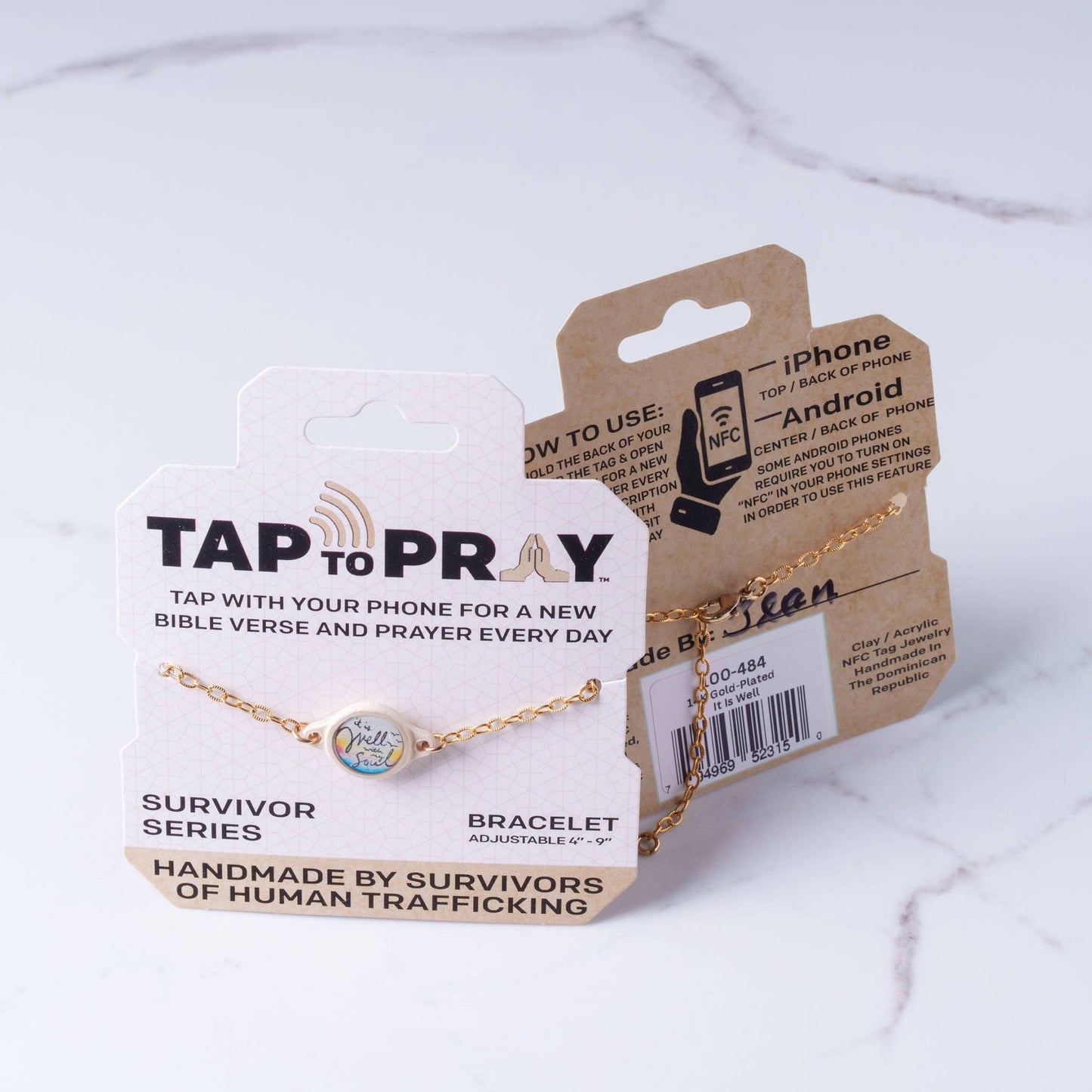 Tap To Pray™ - Survivor Series Handmade Bracelets: 14K Gold-Plated + Vanilla Cross
