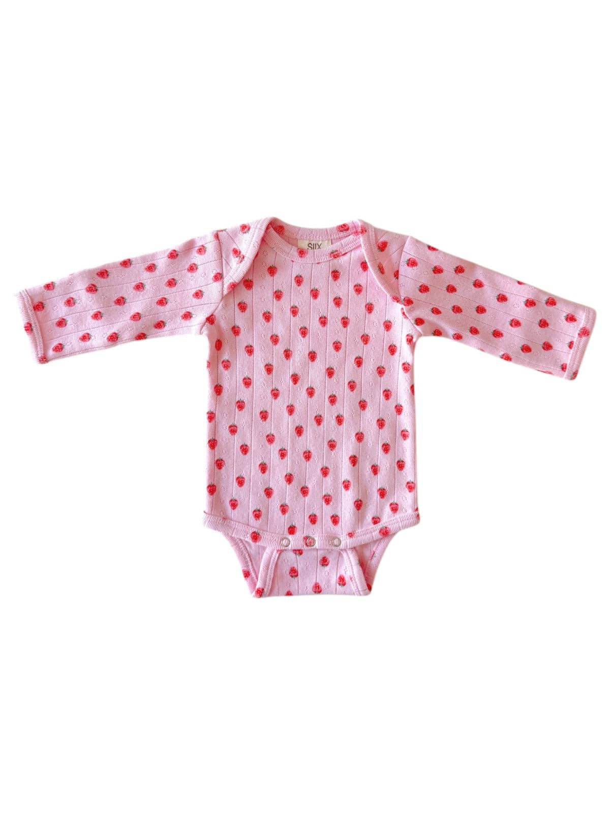 Pink Strawberry / Organic Pointelle Long Sleeve Bodysuit: 0-3M