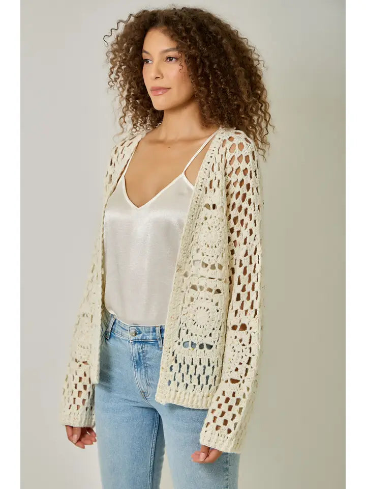 Mystree Floral Weave Crochet Cardigan - Ivory