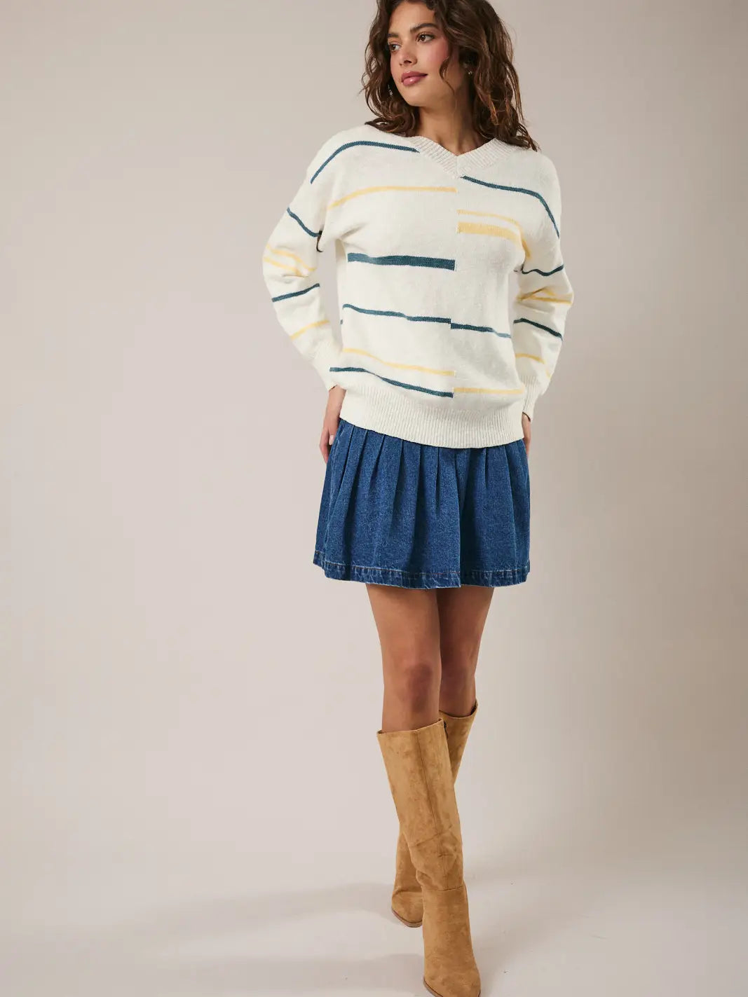 V-Neck Long Sleeve Stripe Sweater