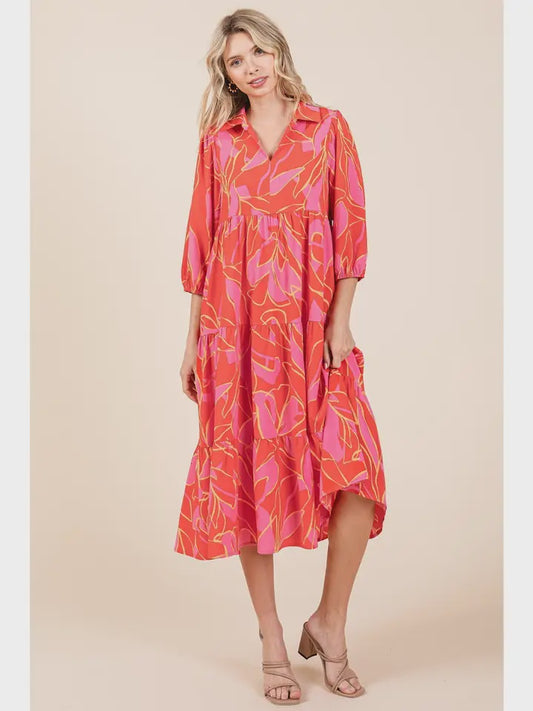 Leaf Print Collar V-Neck Tiered Midi Dress