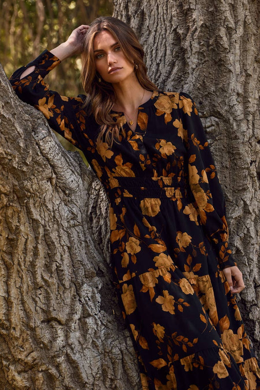 Oddi Black Floral Mix Tiered Maxi Dress