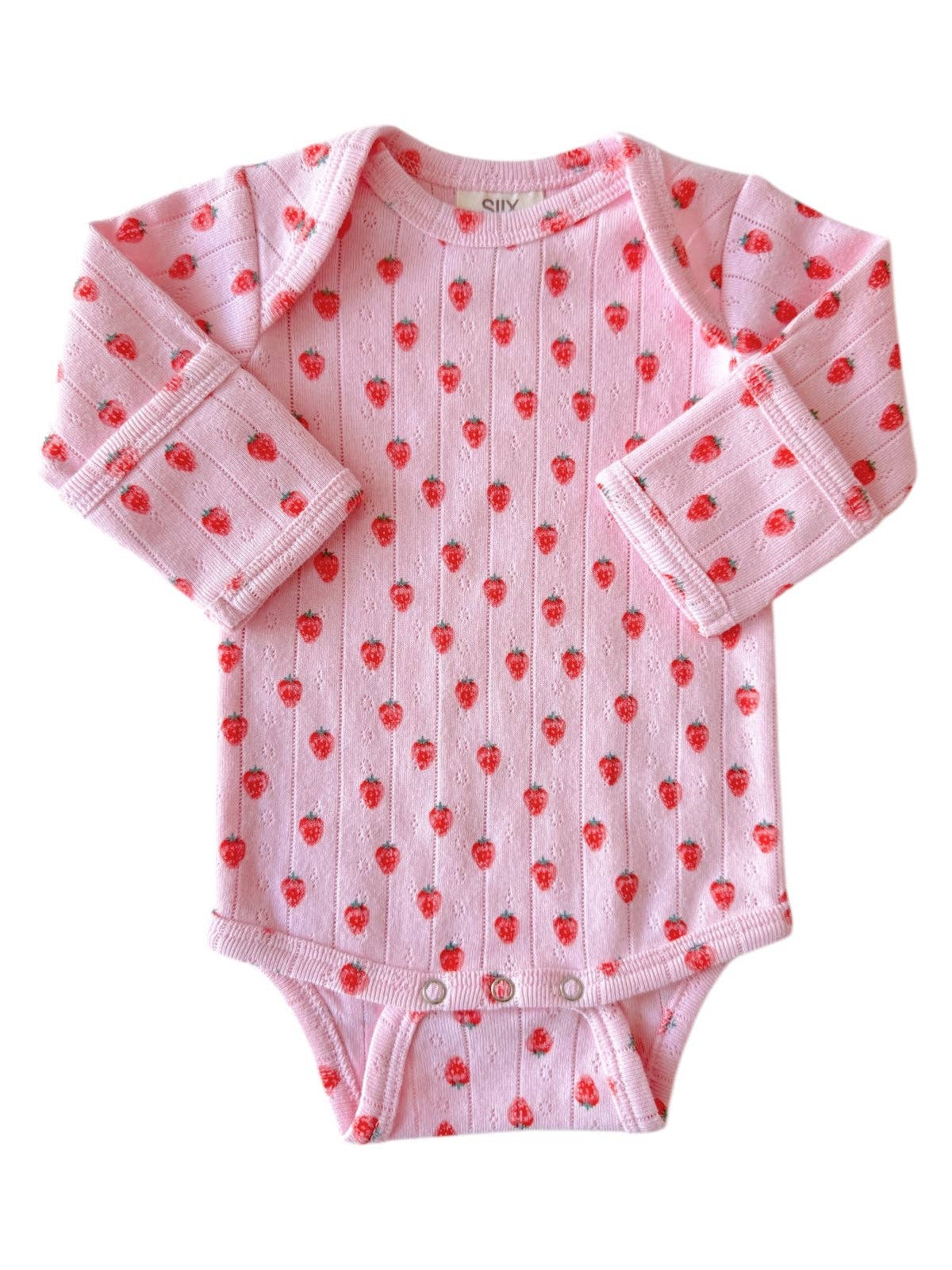 Pink Strawberry / Organic Pointelle Long Sleeve Bodysuit: 0-3M