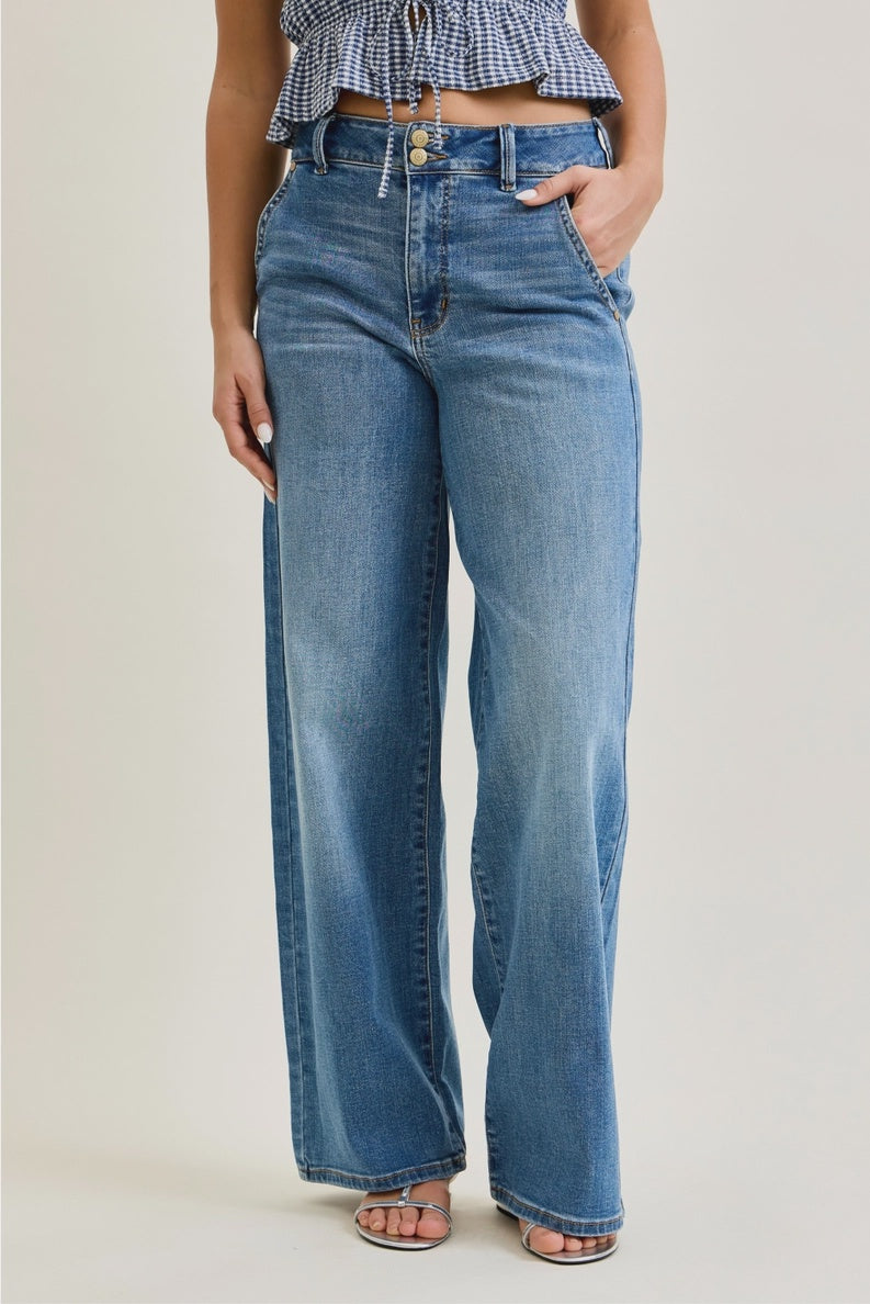 Judy Blue High Rise Straight Med Wash Trouser Jean - Short Inseam