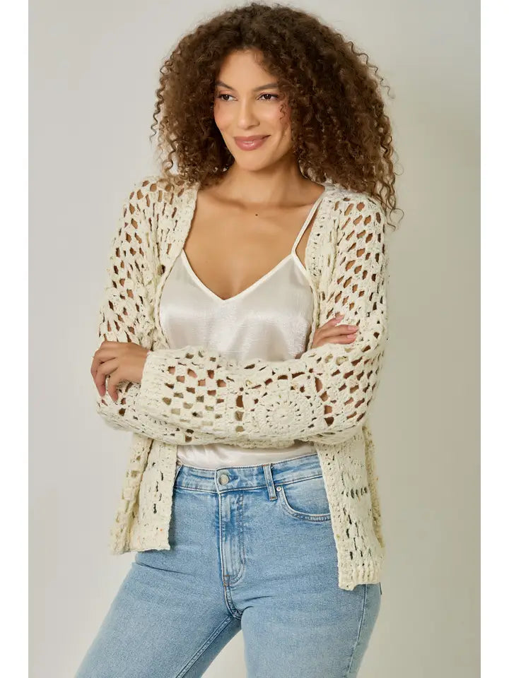 Mystree Floral Weave Crochet Cardigan - Ivory