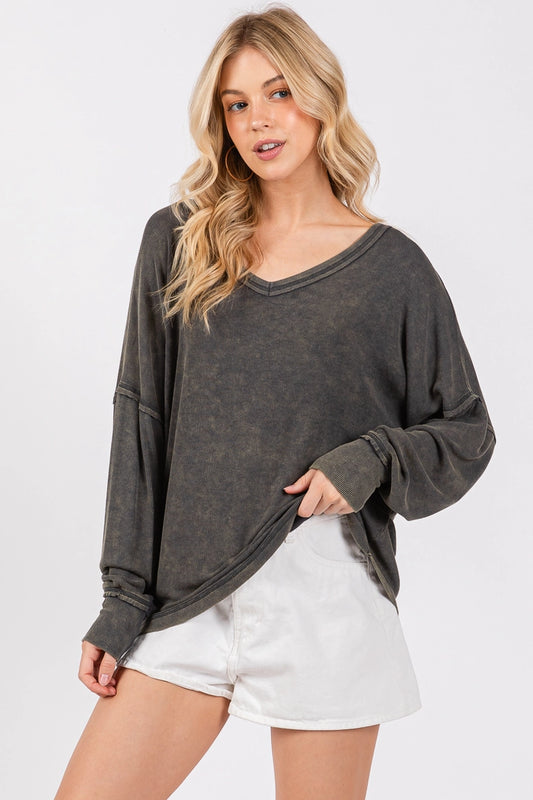 Twist Back Ribbed Long Sleeve Top – Vintage Grey