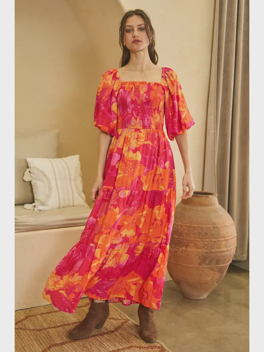 Floral Puff Sleeve Smocked Maxi Dress – Pink/Orange Mix