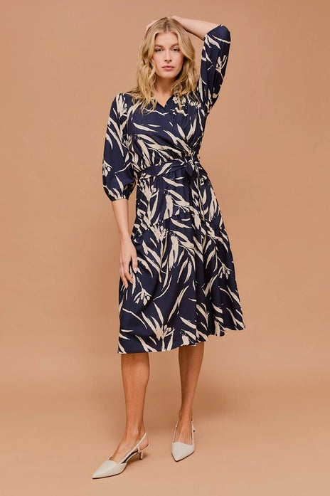 Navy Abstract Print Dress with Tie Waist