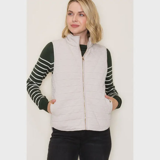 Oatmeal Quilted Knit Puffer Vest with Polar Collar