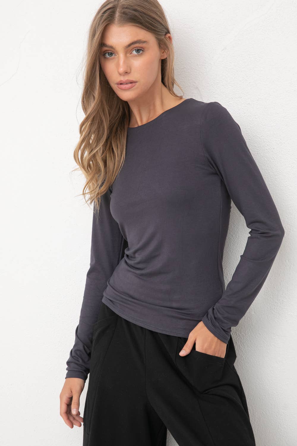 Wasabi + Mint Double Layered Long Sleeve Essential Top - Black