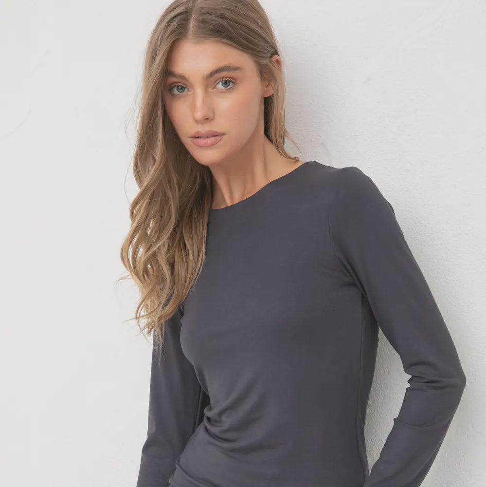 Wasabi + Mint Double Layered Long Sleeve Essential Top - Dark Navy