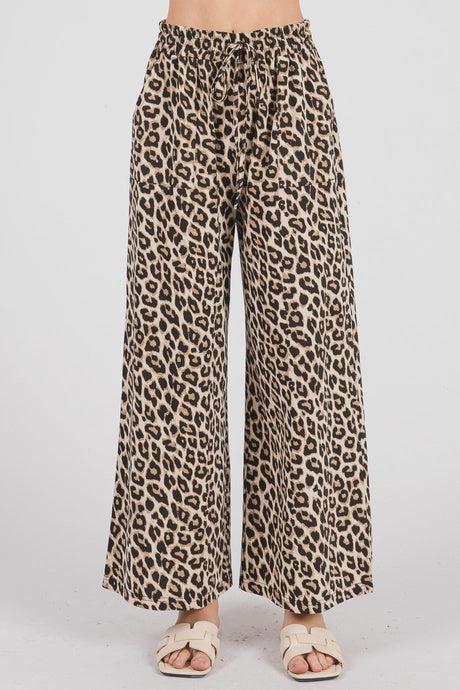 Washed Leopard Print Wide Leg Pants