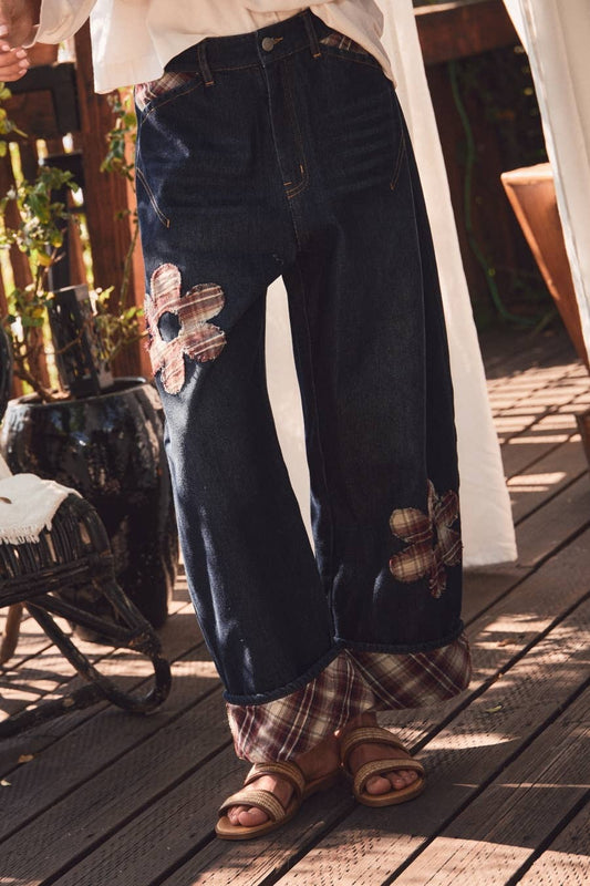 Cropped Wide Leg Denim Pants with Floral Lace Appliqué