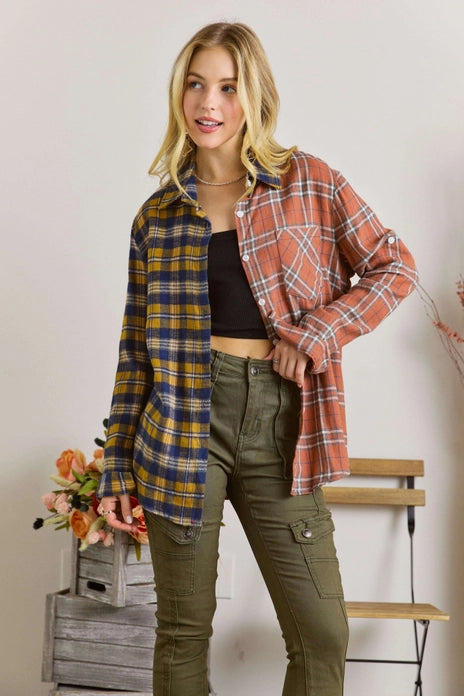 Rust/Mustard Button Down Plaid Shirt