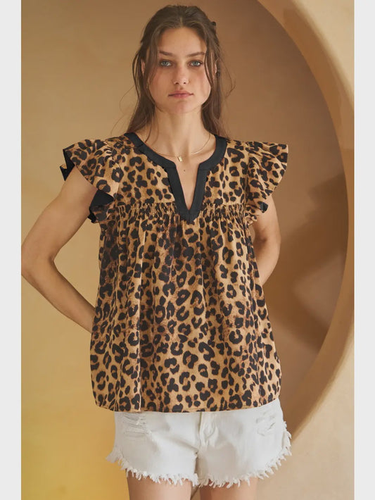 Leopard Top with Flutter Sleeve Detail Oddi