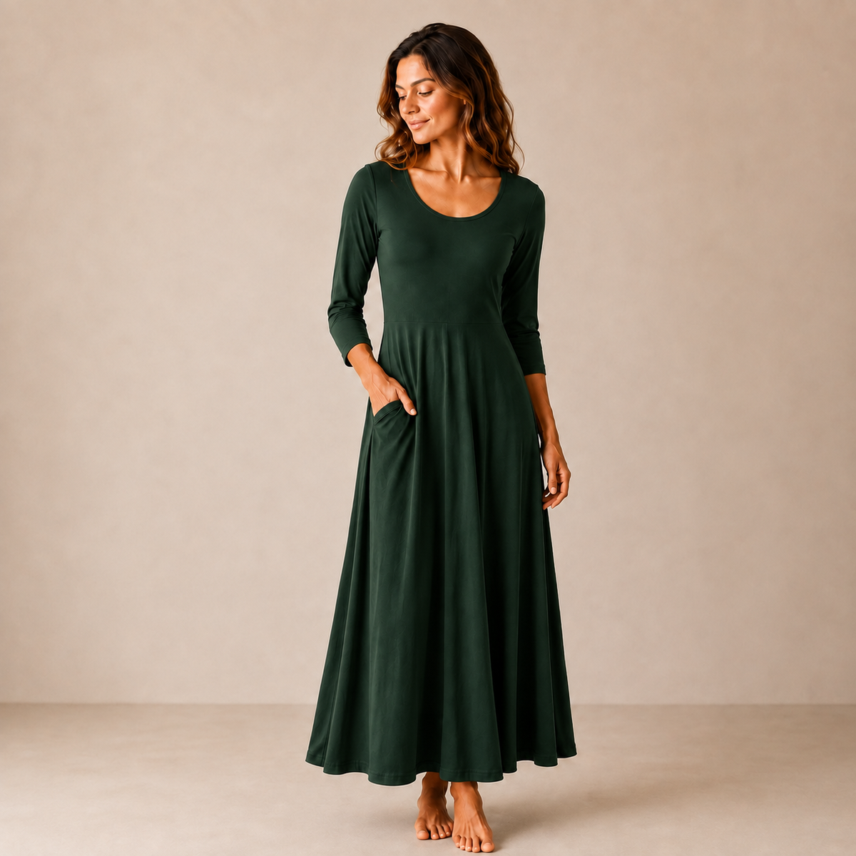 Hunter Green 3/4 Sleeve Long Dress with Hidden Pockets