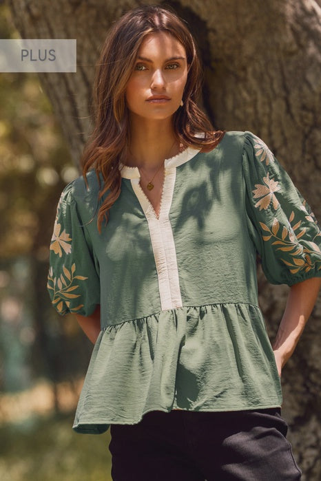 PLUS Oddi Puff Sleeve Peplum Blouse [Basil Green] – Fall & Winter Tops