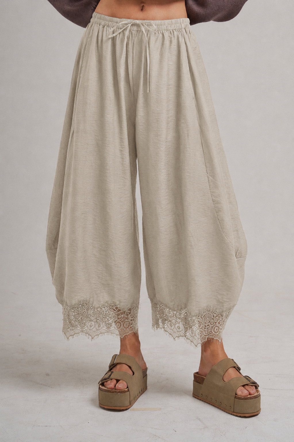BON Lace Trim Wide Leg Pants - Ivory