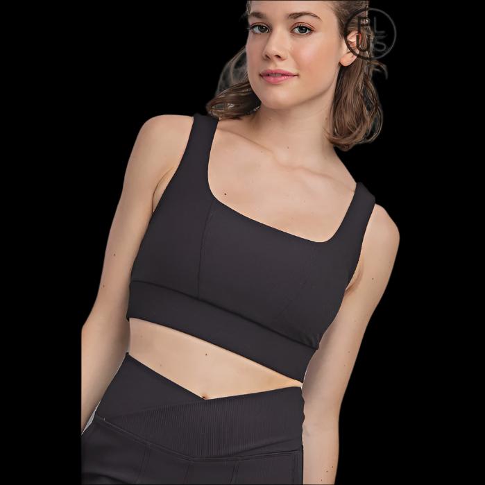 PLUS Black Nylon Rib Square Neck Sports Bra Top