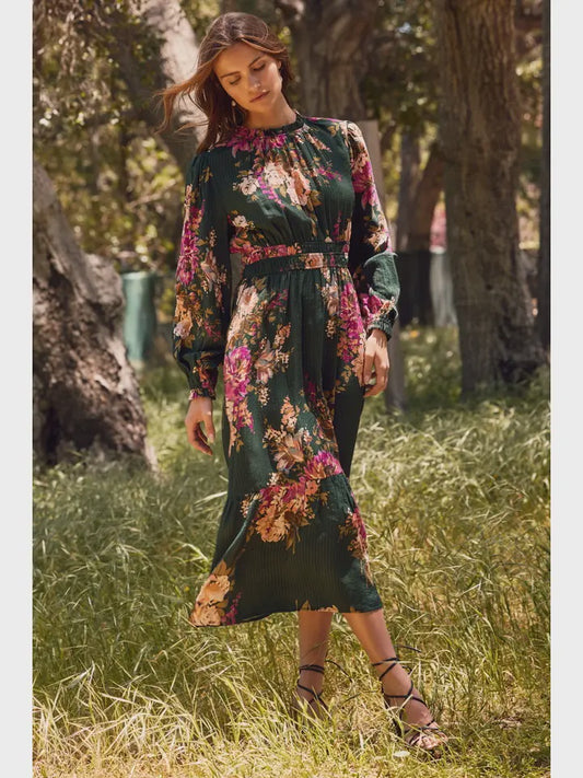 Oddi Dark Green Mix Floral Printed Midi Dress with Ruffle Neckline & Tiered Skirt