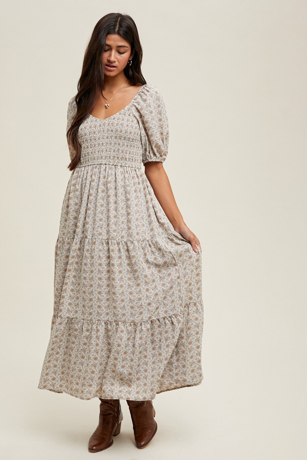 Smocked Abstract Print Tiered Midi Dress – Puffed Sleeve Lined Dress with Pockets